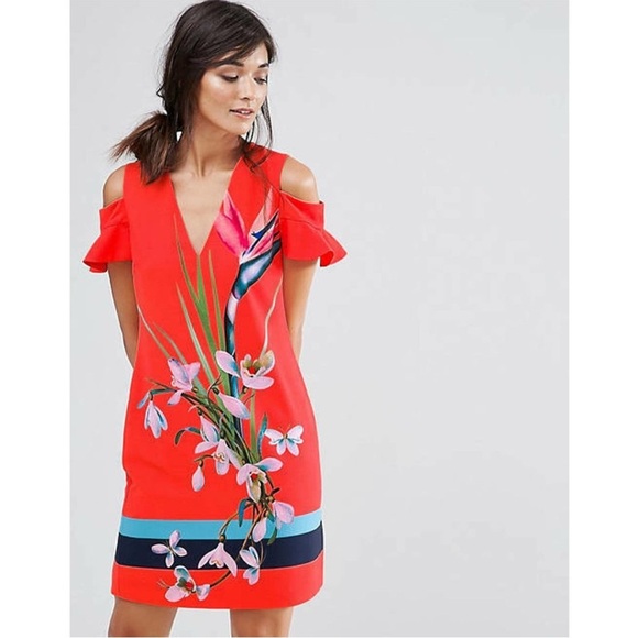 Ted Baker Leea Dress Cold Shoulder V neck Floral Sz‎ 1 - Picture 1 of 12